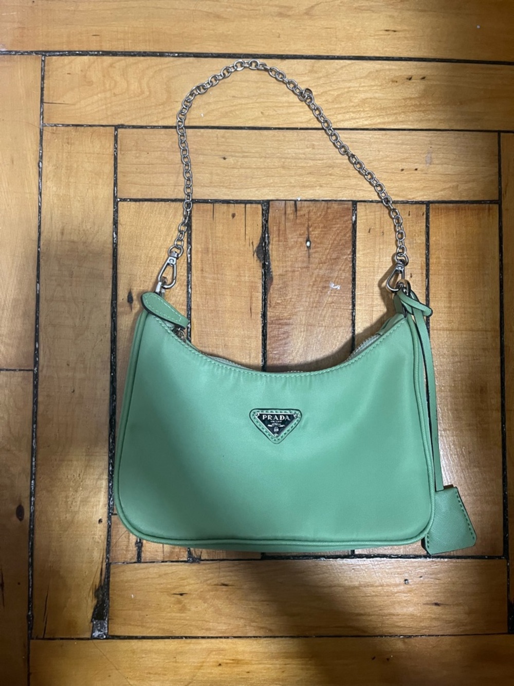 Prada Mint Green Nylon Shoulder Bag with Silver Chain